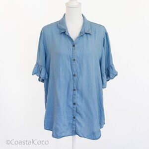 Beach Lunch Lounge 100% Lyocell Blouse Top XL Blue Button Up Collar Chambray